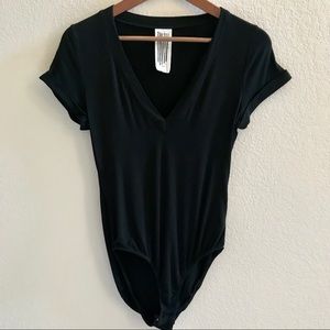 Free People Black Short Sleeve Bodysuit